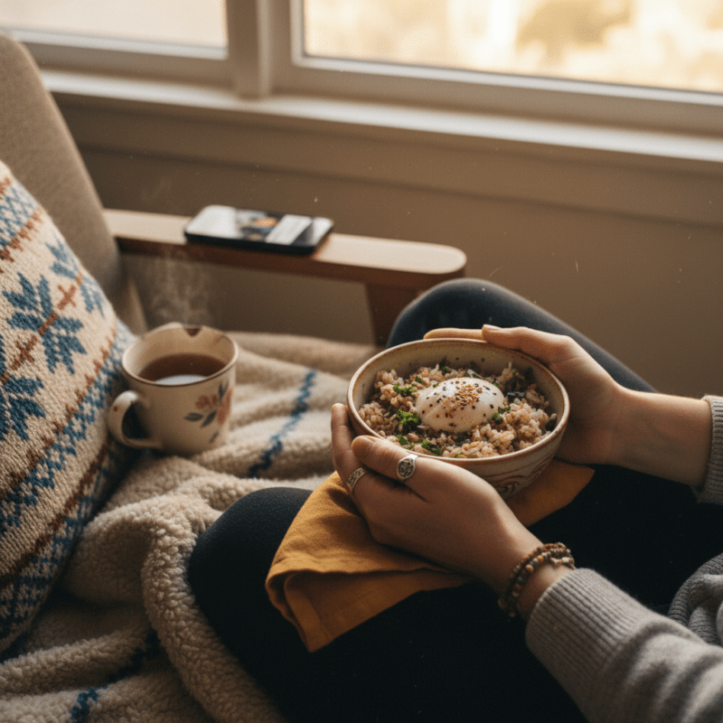 Person practicing self-care by eating homemade low carb microwave meal alone, representing resilience and self-compassion for migrant workers and international students far from home,