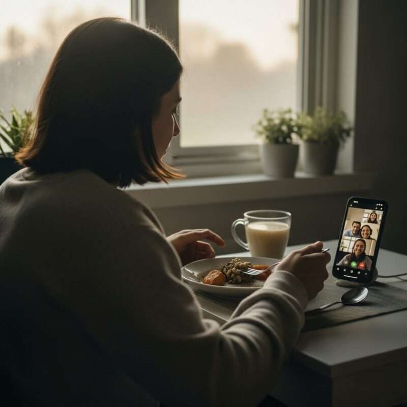 International student eating homemade keto meal alone while missing family, representing self-care and resilience for migrant workers and students studying abroad.