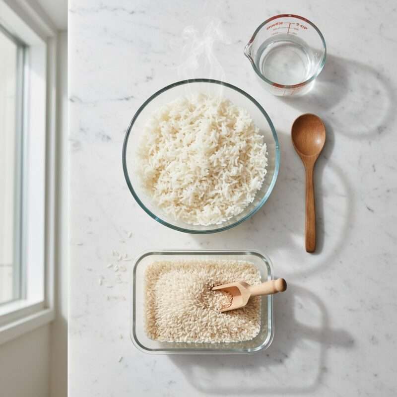 Microwave rice cooking ingredients and equipment showing easy cooking method for students learning to cook abroad