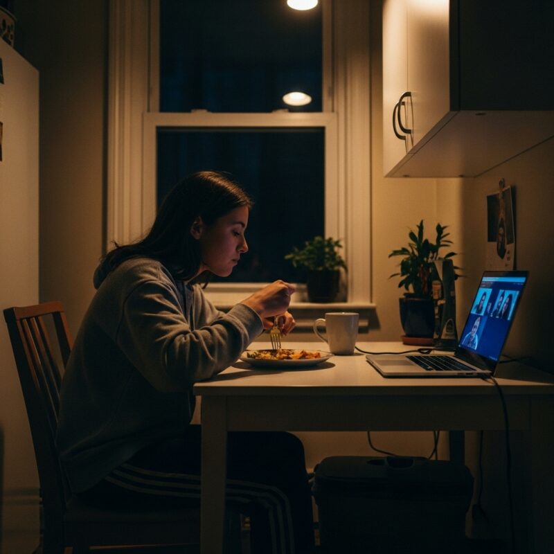 Young person eating simple low carb meal alone while video calling family, representing emotional reality of international students and migrant workers dealing with homesickness