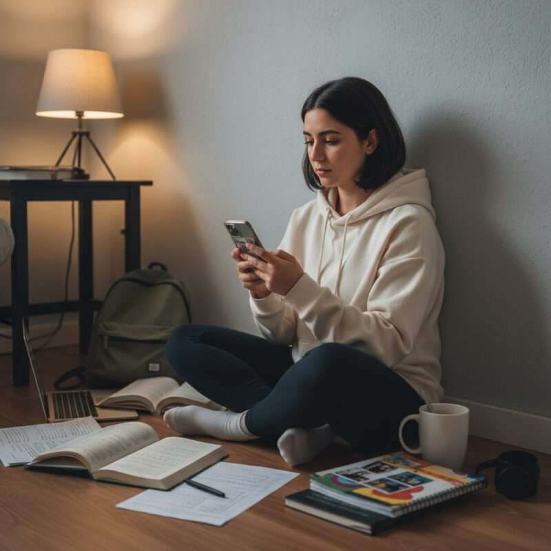 International student dealing with homesickness while maintaining health goals using fitness calculator and meal planning