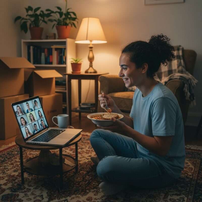 International student eating home-cooked meal while video calling family, dealing with homesickness through meal planning and comfort food