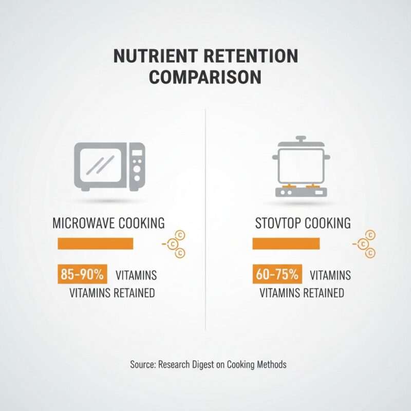 Nutrition infographic showing vitamin retention rates in microwave cooking versus stove cooking for healthy student meals